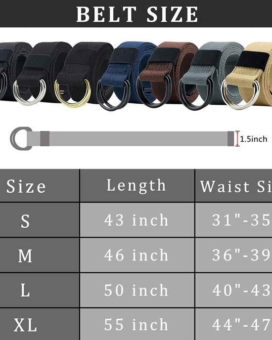 Canvas Belt, Web Belt for Men/Women with Metal Double D Ring Buckle 1 1/2" Wide