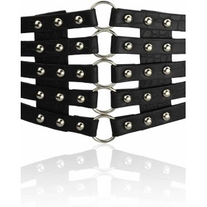 Fashion Women's PU Leather Wide Waist Belt Hollow Out Rivets Stretch Cinch Waistband