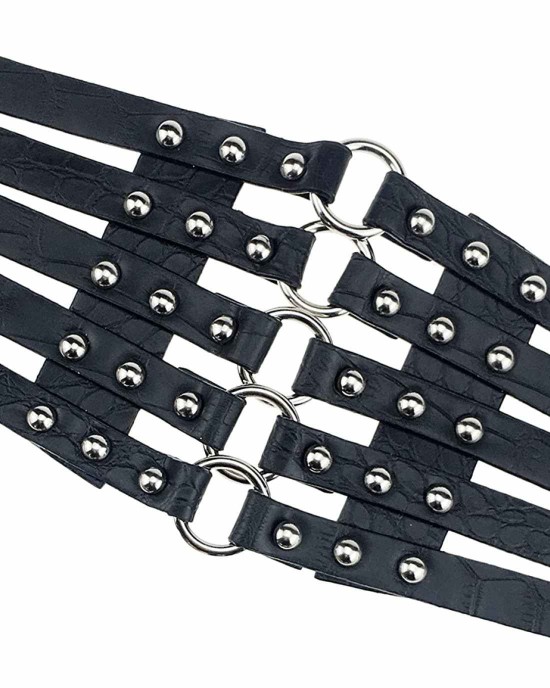 Fashion Women's PU Leather Wide Waist Belt Hollow Out Rivets Stretch Cinch Waistband