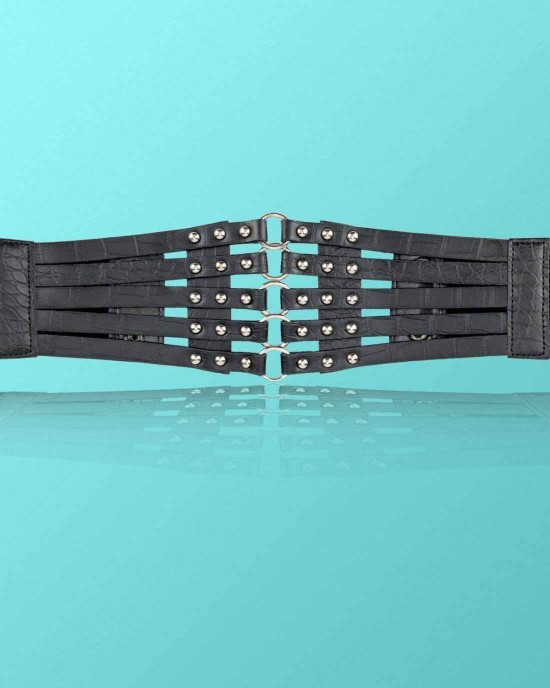 Fashion Women's PU Leather Wide Waist Belt Hollow Out Rivets Stretch Cinch Waistband