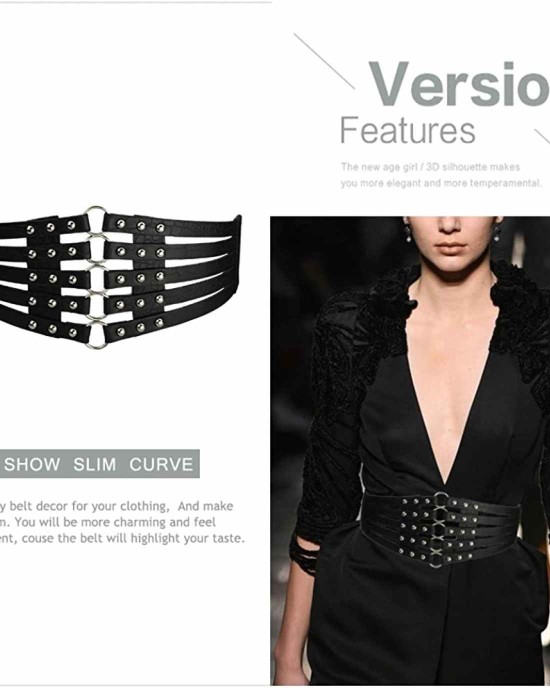 Fashion Women's PU Leather Wide Waist Belt Hollow Out Rivets Stretch Cinch Waistband