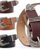 Western-Leather-Belts-Women Vintage Waist-Belts with Hollow Out Flower Buckle