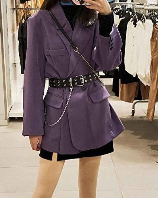 Double-Grommet-Belt Leather Punk-Waist-Belt with Chain for Women Jeans Dresses