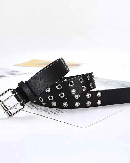 Double-Grommet-Belt Leather Punk-Waist-Belt with Chain for Women Jeans Dresses