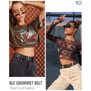 WERFORU Double Grommet Belt PU Leather Punk Belt for Women Men Jeans 2 Hole Belts 1.5 Wide