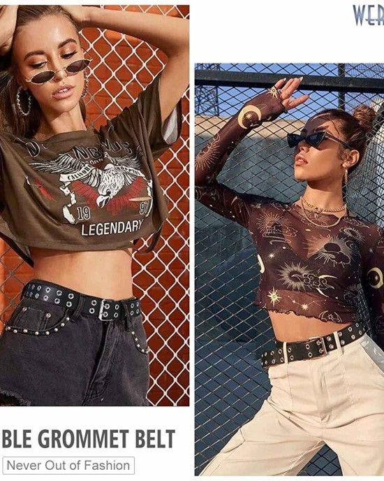 WERFORU Double Grommet Belt PU Leather Punk Belt for Women Men Jeans 2 Hole Belts 1.5 Wide