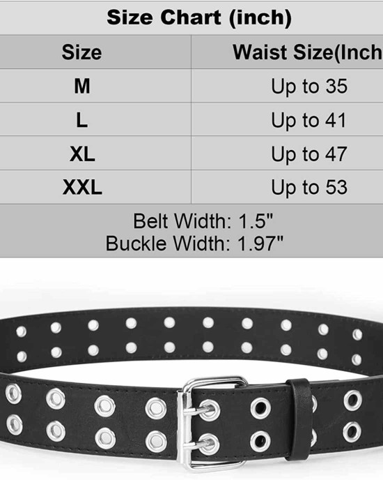 WERFORU Double Grommet Belt PU Leather Punk Belt for Women Men Jeans 2 Hole Belts 1.5 Wide