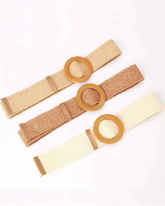 Women Woven Rattan Wide Stretch Straw Belt