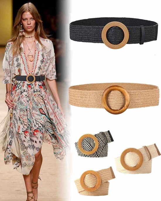 Women Woven Rattan Wide Stretch Straw Belt