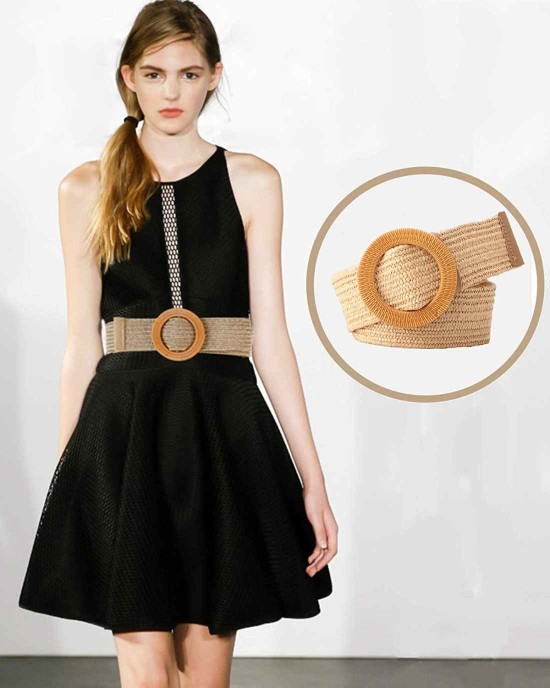 Women Woven Rattan Wide Stretch Straw Belt