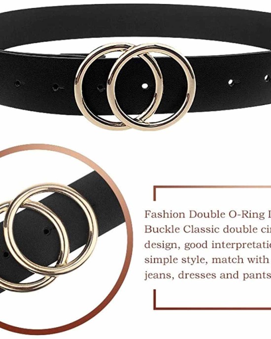 Udekit Women's PU Leather Belt Double O Ring Soft Faux Leather Waist Belt
