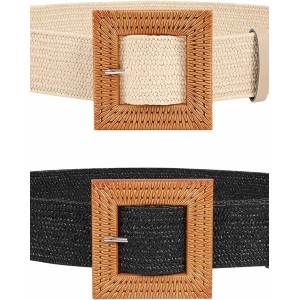 Straw Woven Elastic Stretch Belts Women, Wide Boho Braided Dress Belts with Wooden Style Buckle by JASGOOD