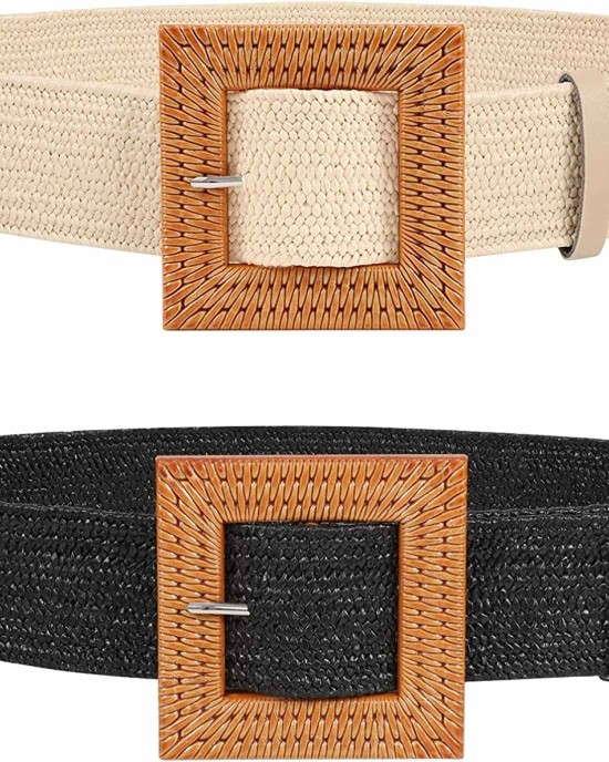 Straw Woven Elastic Stretch Belts Women, Wide Boho Braided Dress Belts with Wooden Style Buckle by JASGOOD