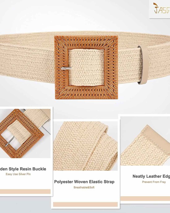 Straw Woven Elastic Stretch Belts Women, Wide Boho Braided Dress Belts with Wooden Style Buckle by JASGOOD