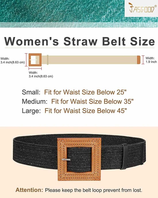 Straw Woven Elastic Stretch Belts Women, Wide Boho Braided Dress Belts with Wooden Style Buckle by JASGOOD