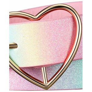 Rainbow Belt PU Leather Waist Belt Women Girls Glitter Belt with Heart Buckle Adjustable Shiny Dress Belt for Teen Kids