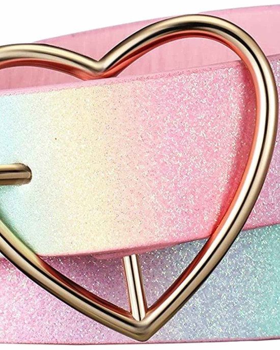 Rainbow Belt PU Leather Waist Belt Women Girls Glitter Belt with Heart Buckle Adjustable Shiny Dress Belt for Teen Kids