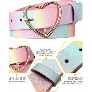 Rainbow Belt PU Leather Waist Belt Women Girls Glitter Belt with Heart Buckle Adjustable Shiny Dress Belt for Teen Kids