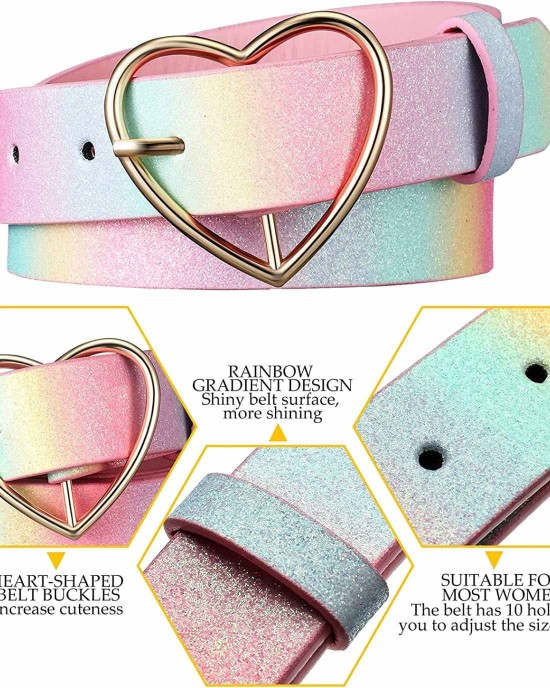 Rainbow Belt PU Leather Waist Belt Women Girls Glitter Belt with Heart Buckle Adjustable Shiny Dress Belt for Teen Kids