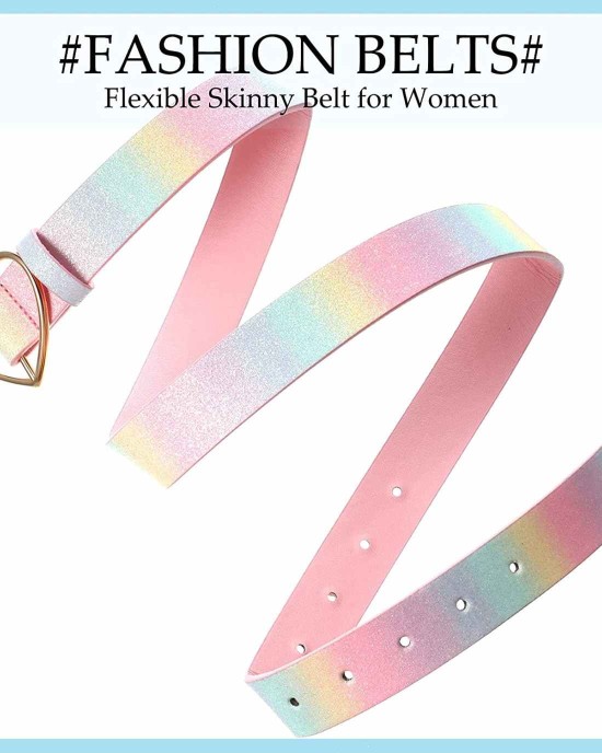 Rainbow Belt PU Leather Waist Belt Women Girls Glitter Belt with Heart Buckle Adjustable Shiny Dress Belt for Teen Kids