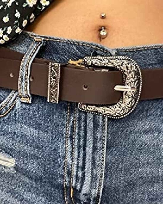 Women-Leather-Belts Vintage Western-Belt with Carved Buckle Waist-Belt for Jeans Dresses