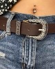 Women-Leather-Belts Vintage Western-Belt with Carved Buckle Waist-Belt for Jeans Dresses