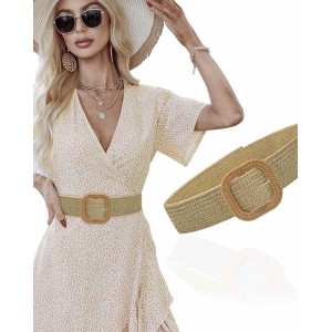 Women Belt - Straw Woven Elastic Braided Stretch Wide Waist Belts for Women Dresses with Buckle