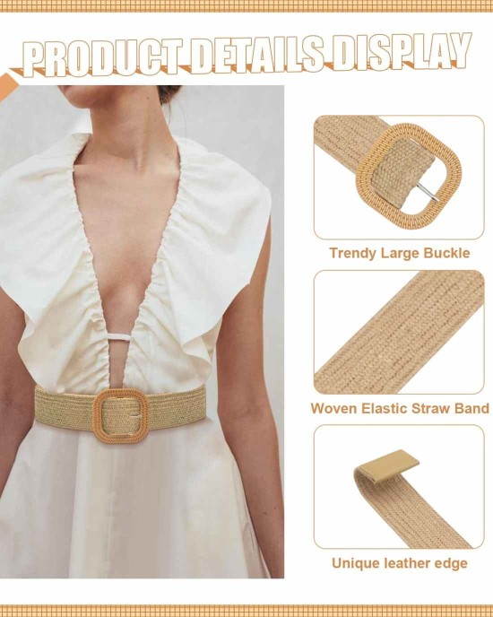 Women Belt - Straw Woven Elastic Braided Stretch Wide Waist Belts for Women Dresses with Buckle