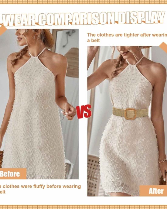 Women Belt - Straw Woven Elastic Braided Stretch Wide Waist Belts for Women Dresses with Buckle