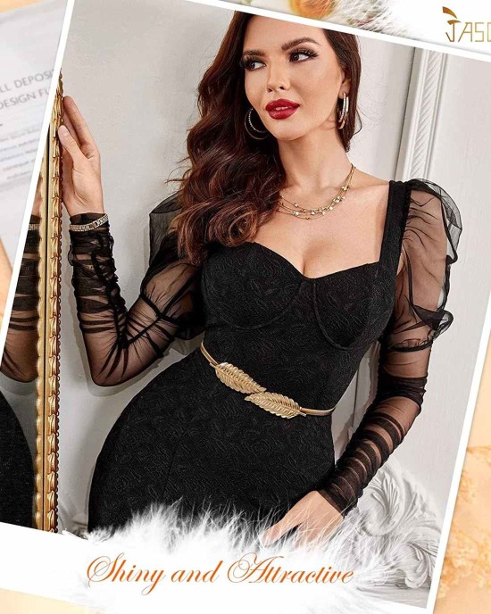 JASGOOD Women Skinny Metal Waist Belt Gold Waistband Elastic Metal Chain Leaf Waist Belt for Dress
