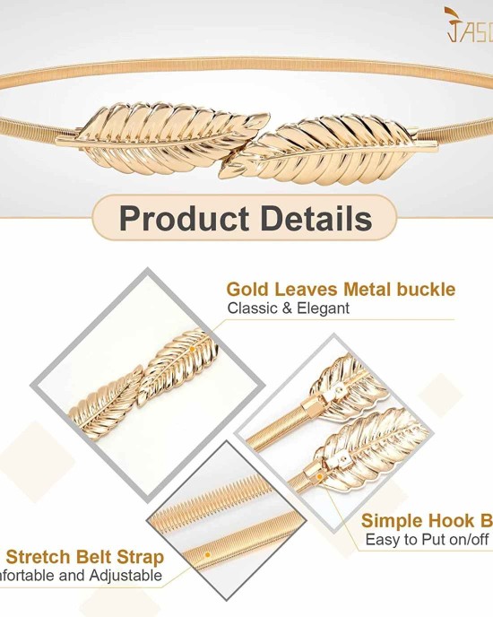 JASGOOD Women Skinny Metal Waist Belt Gold Waistband Elastic Metal Chain Leaf Waist Belt for Dress