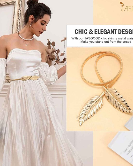 JASGOOD Women Skinny Metal Waist Belt Gold Waistband Elastic Metal Chain Leaf Waist Belt for Dress