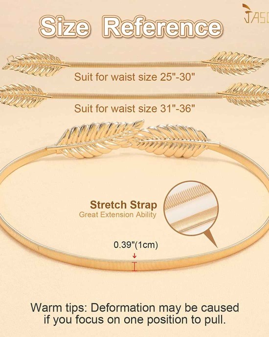 JASGOOD Women Skinny Metal Waist Belt Gold Waistband Elastic Metal Chain Leaf Waist Belt for Dress