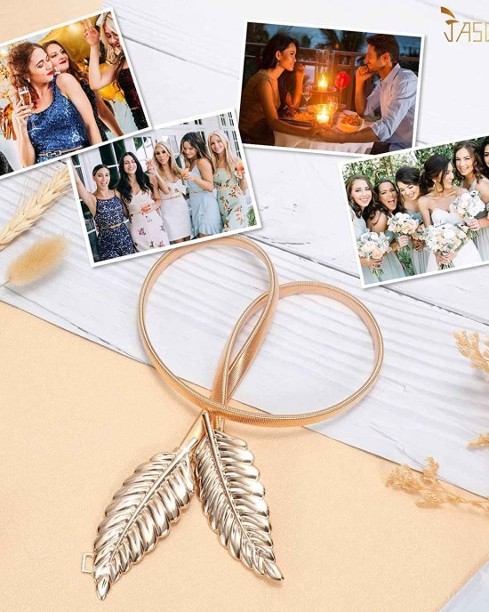 JASGOOD Women Skinny Metal Waist Belt Gold Waistband Elastic Metal Chain Leaf Waist Belt for Dress