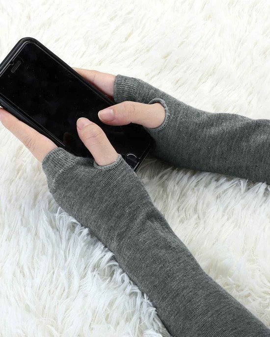Allegra K Dark Gray Fingerless Elastic Winter Thick Arm Warmers Gloves for Ladies