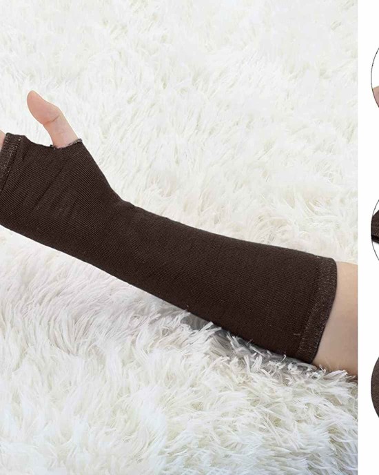Allegra K Ladies Fall Knitted Arm Warmmers Thumbhole Long Fingerless Gloves Pair