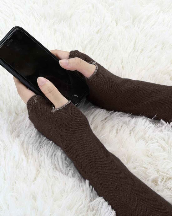 Allegra K Ladies Fall Knitted Arm Warmmers Thumbhole Long Fingerless Gloves Pair
