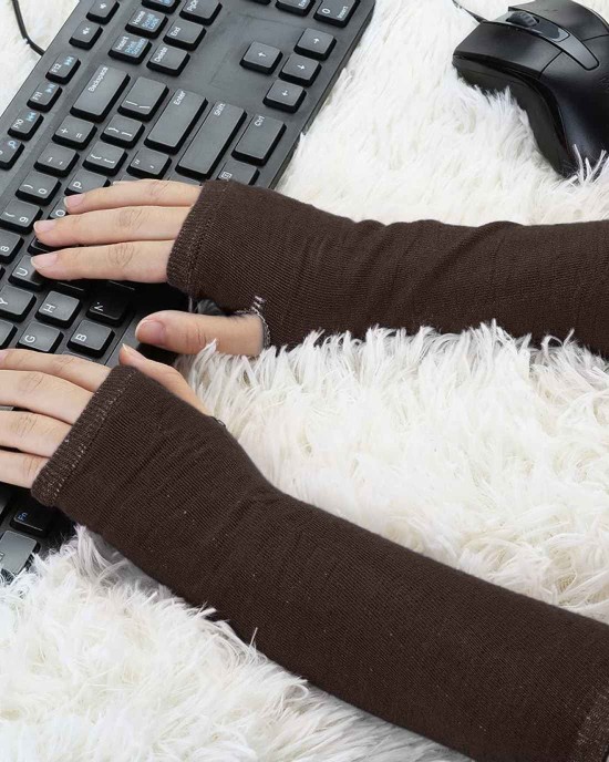 Allegra K Ladies Fall Knitted Arm Warmmers Thumbhole Long Fingerless Gloves Pair