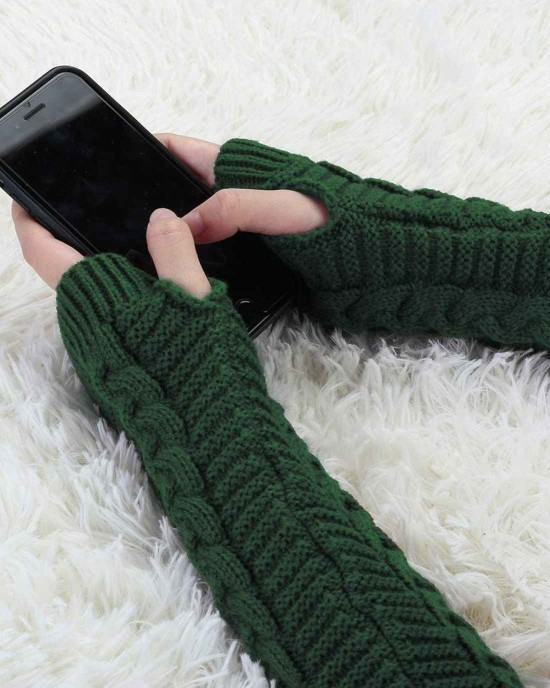 Allegra K Women's Fingerless Glove Winter Knit Thumb Elbow Length Arm Warmers