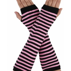 Allegra K Women Black Pink Stripe Print Elbow Length Fingerless Arm Gloves Pair