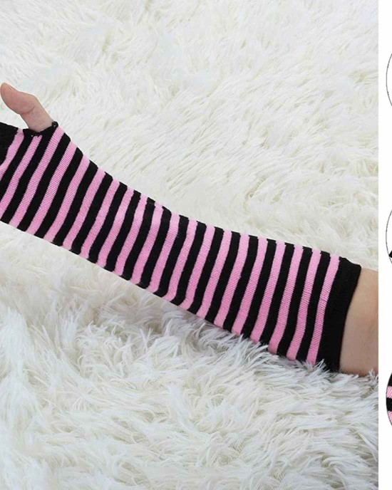 Allegra K Women Black Pink Stripe Print Elbow Length Fingerless Arm Gloves Pair