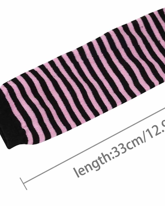 Allegra K Women Black Pink Stripe Print Elbow Length Fingerless Arm Gloves Pair