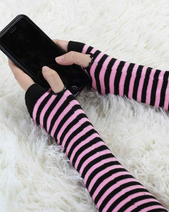 Allegra K Women Black Pink Stripe Print Elbow Length Fingerless Arm Gloves Pair