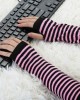 Allegra K Women Black Pink Stripe Print Elbow Length Fingerless Arm Gloves Pair