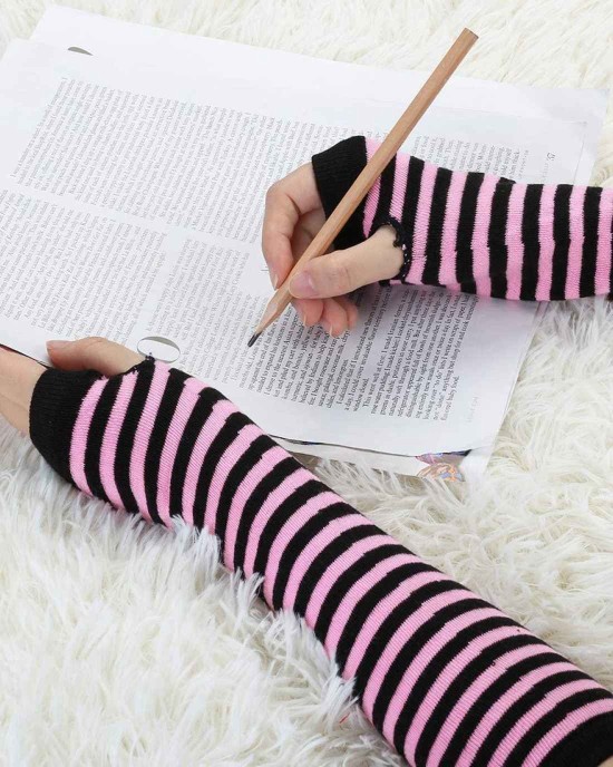 Allegra K Women Black Pink Stripe Print Elbow Length Fingerless Arm Gloves Pair