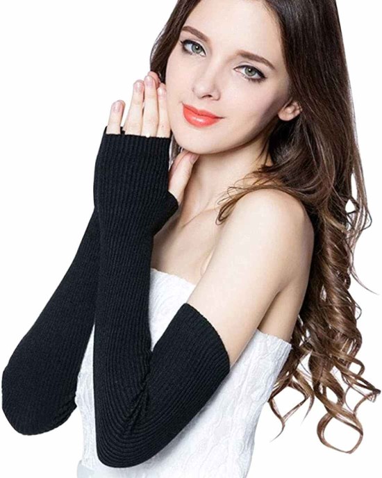 LerBen Women's Cashmere Warm Fingerless Gloves Winter Long Arm Warmer
