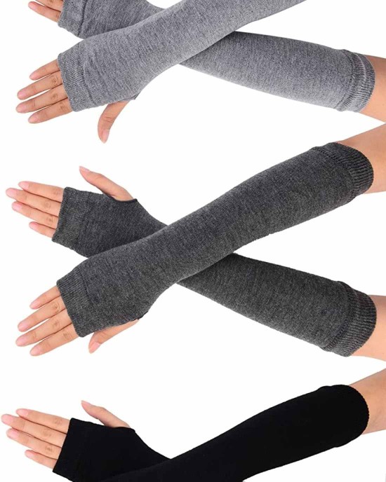 Bememo 3 Pairs Winter Long Fingerless Gloves Knit Elbow Length Gloves Thumb Hole Arm Warmers for Women Girls