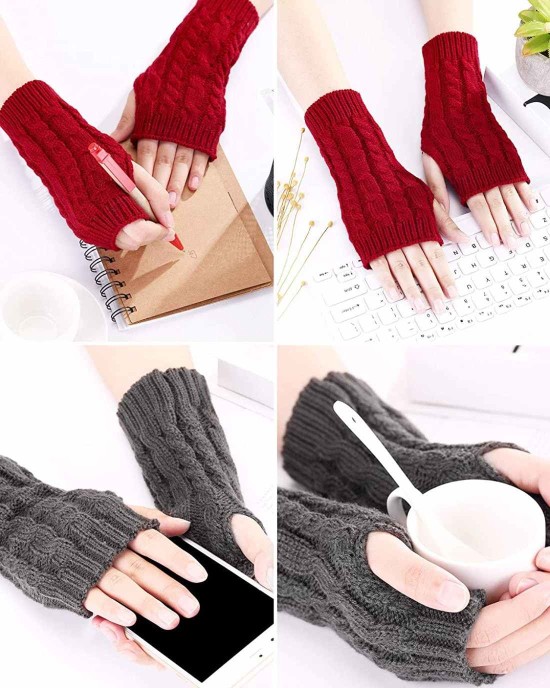 Bememo 4 Pairs Women Long Fingerless Gloves Winter Mitten Arm Gloves with Thumb Hole