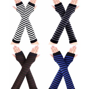 Bememo 4 Pairs Punk Gothic Long Fingerless Gloves Halloween Knitted Arm Warmer Elbow Length Gloves Thumb Hole Gloves