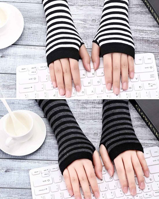 Bememo 4 Pairs Punk Gothic Long Fingerless Gloves Halloween Knitted Arm Warmer Elbow Length Gloves Thumb Hole Gloves